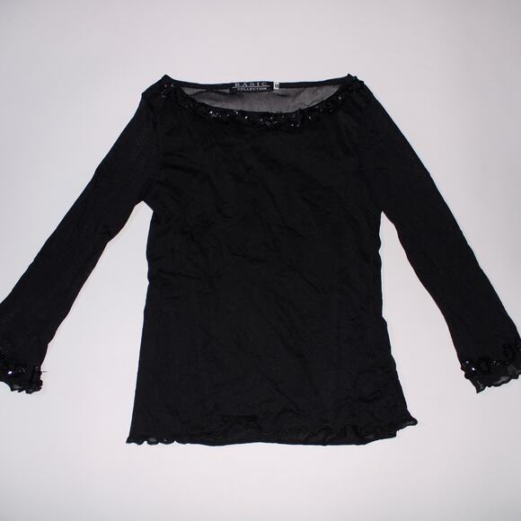 Y2K Basic Collection Front Double Mesh Black Collar Bone Cut Longsleeve Size L - Picture 1 of 3